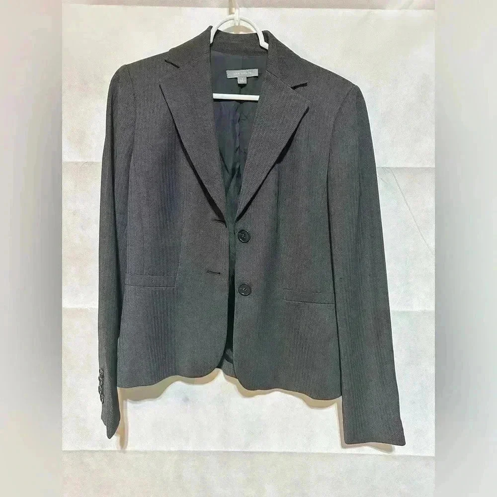 Ann Taylor Herringbone Blazer Gray Size 2 Suit Jacket 128519 2 Button